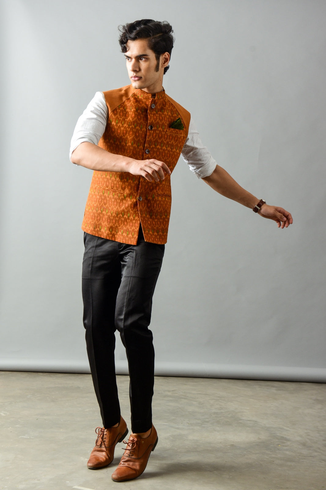 Brown Ikkat print Nehru Jacket