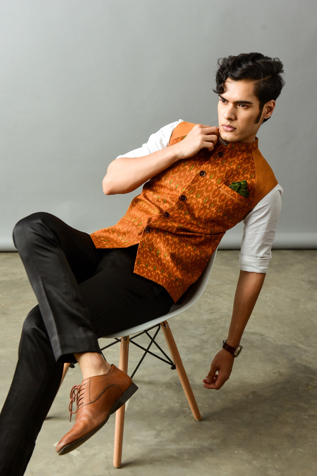 Brown Ikkat print Nehru Jacket