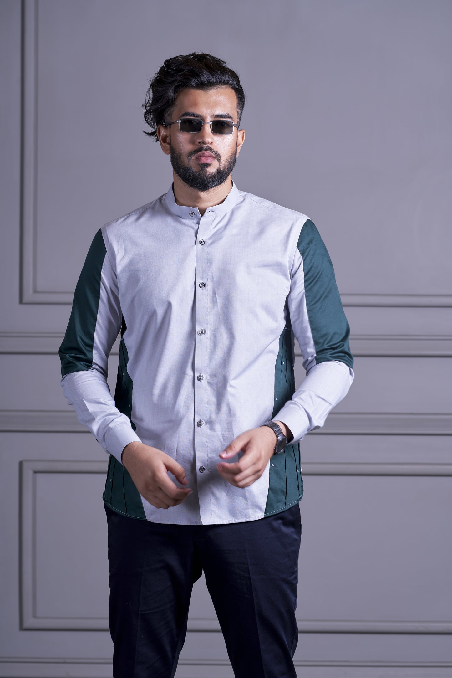 Grey Colour-Blocked Pleated Shirt
