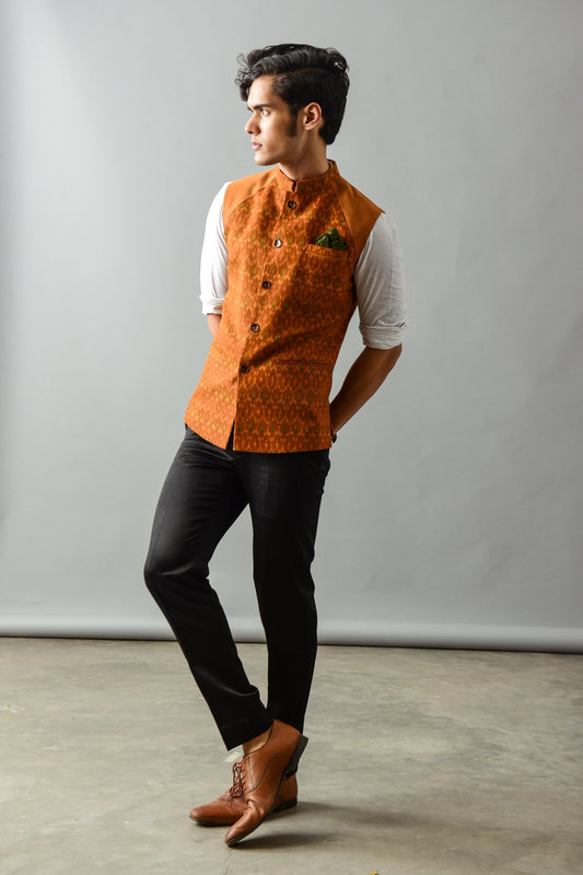 Brown Ikkat print Nehru Jacket