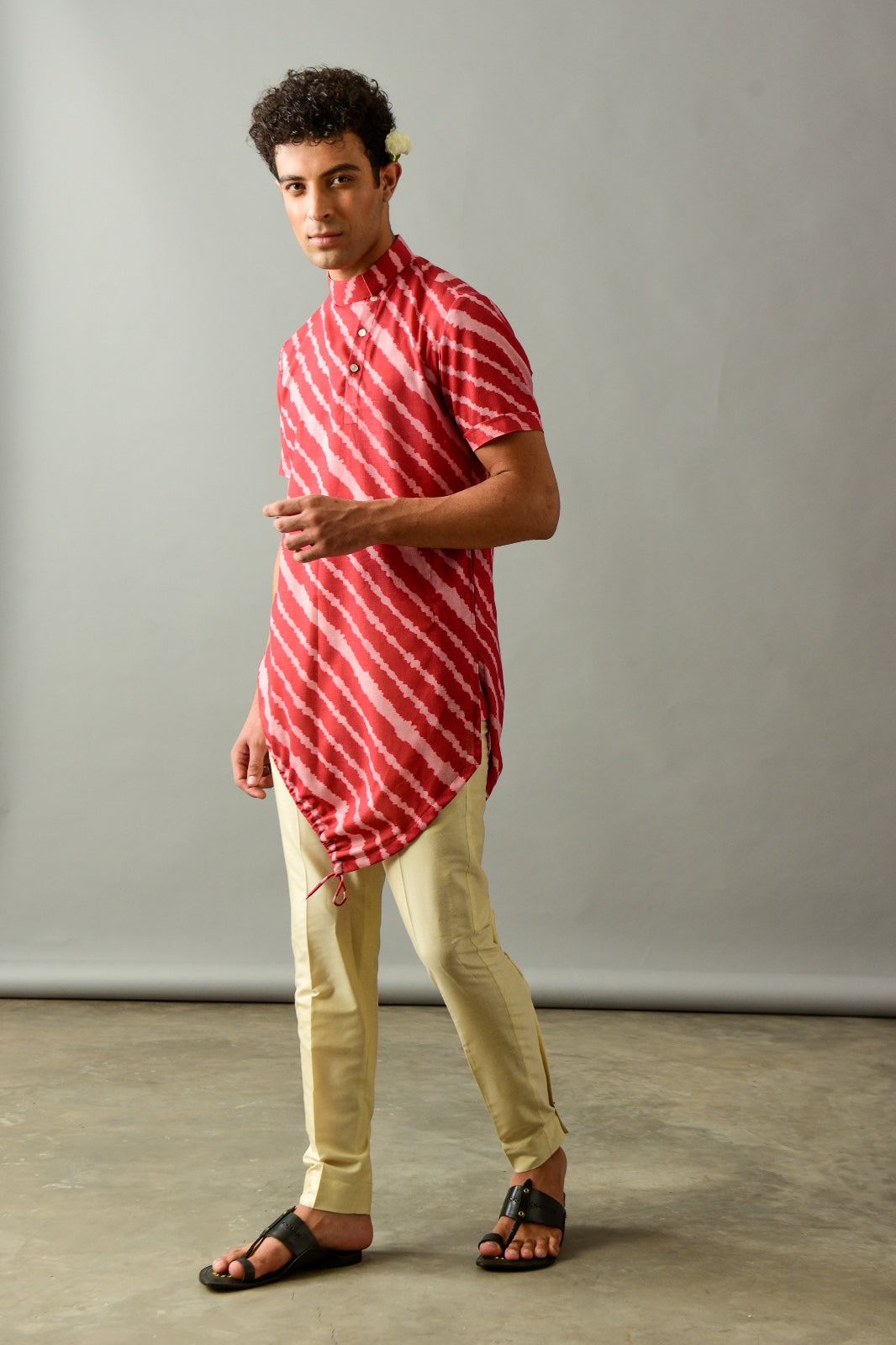 Half Sleeved Red Asymmetrical Hem Kurta