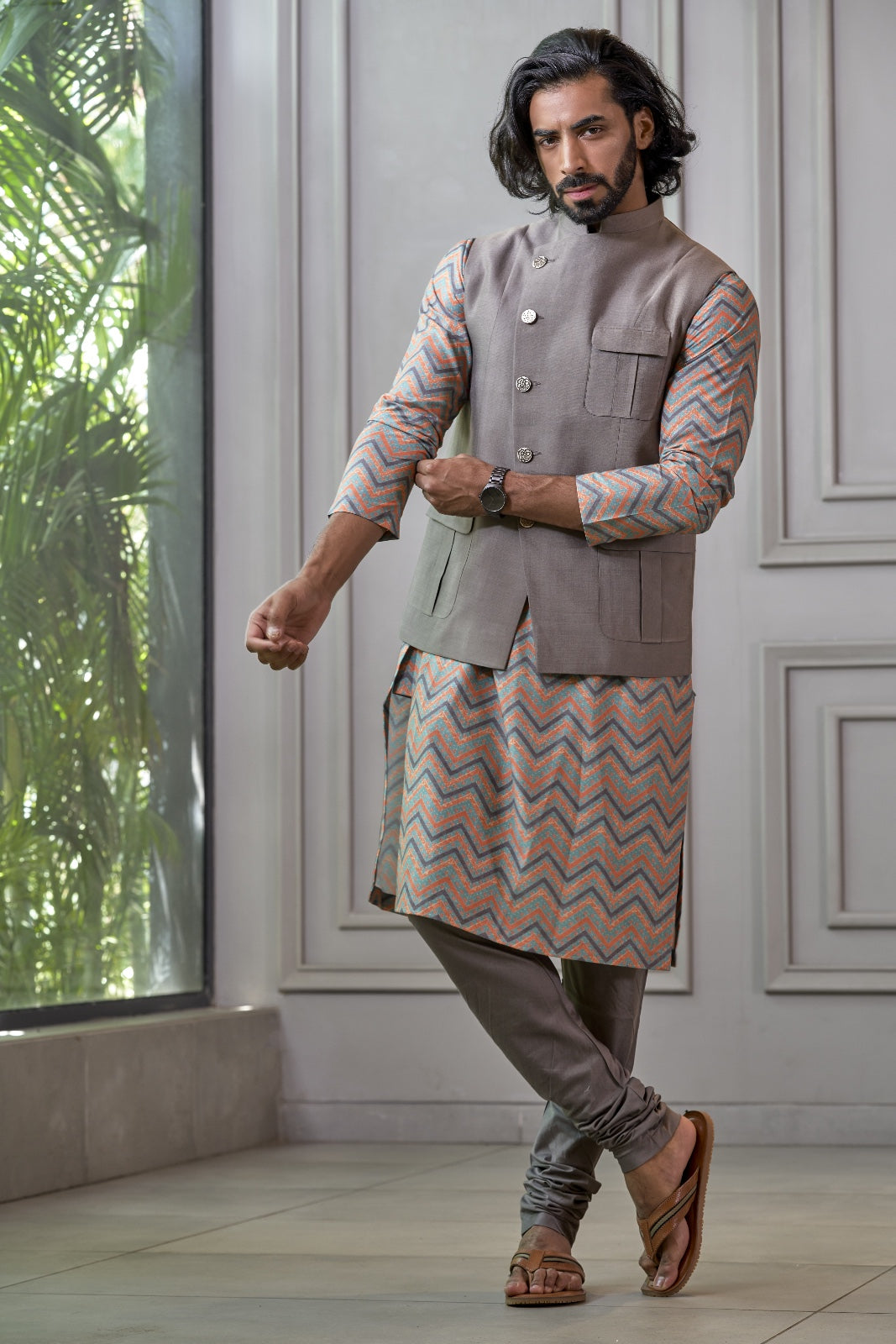 Grey Kurta in Muslin Base with Zig-Zag Print