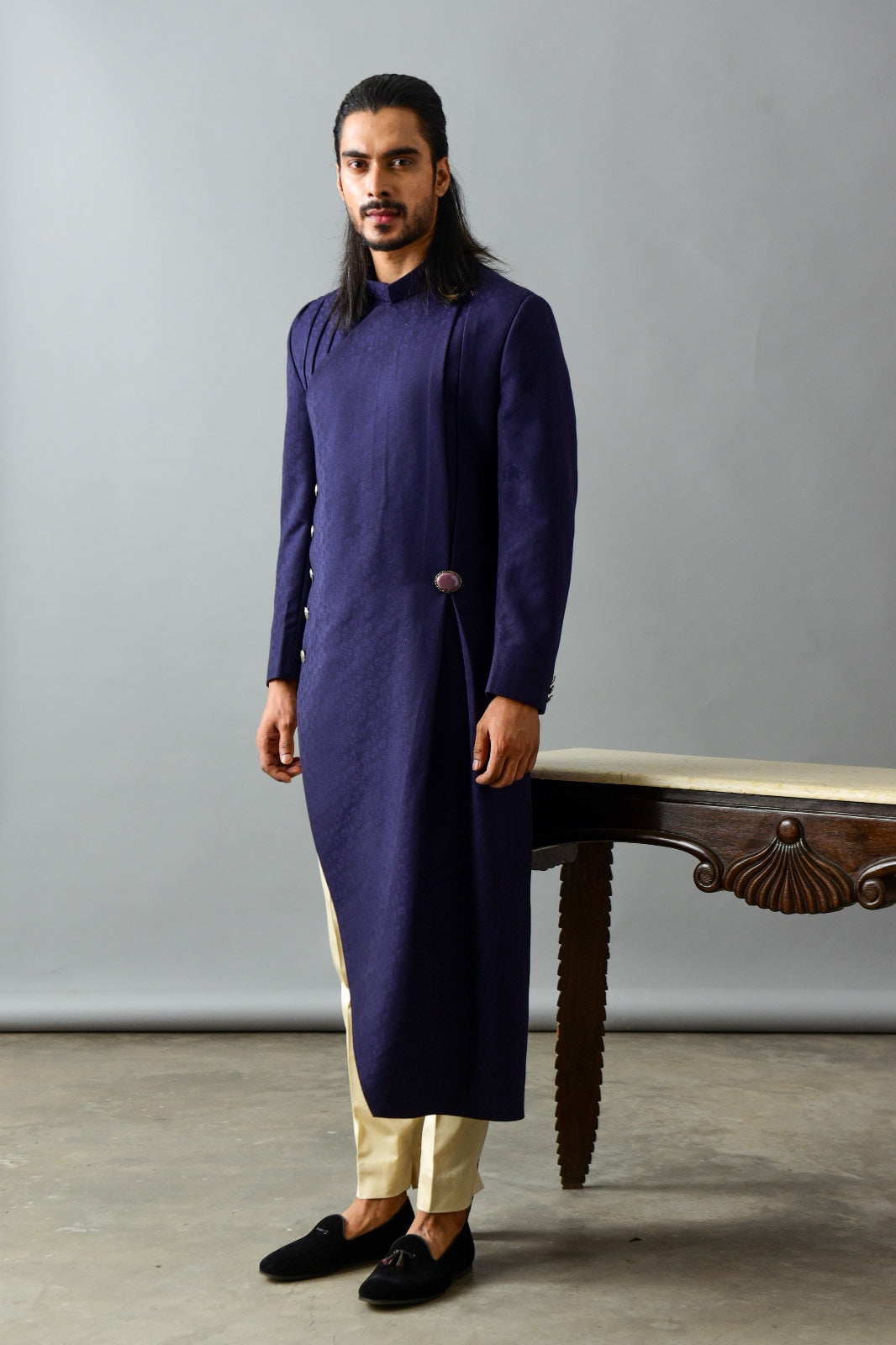 Blue self print-textured Assymetric Sherwani