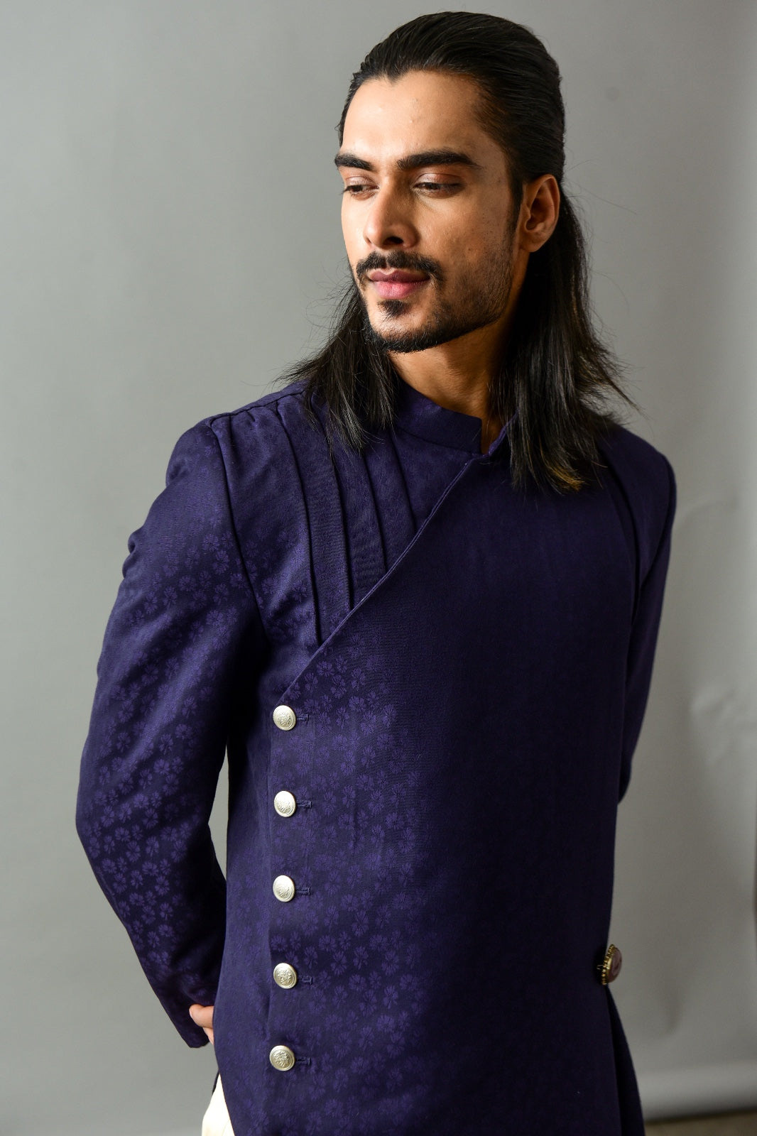 Blue self print-textured Assymetric Sherwani