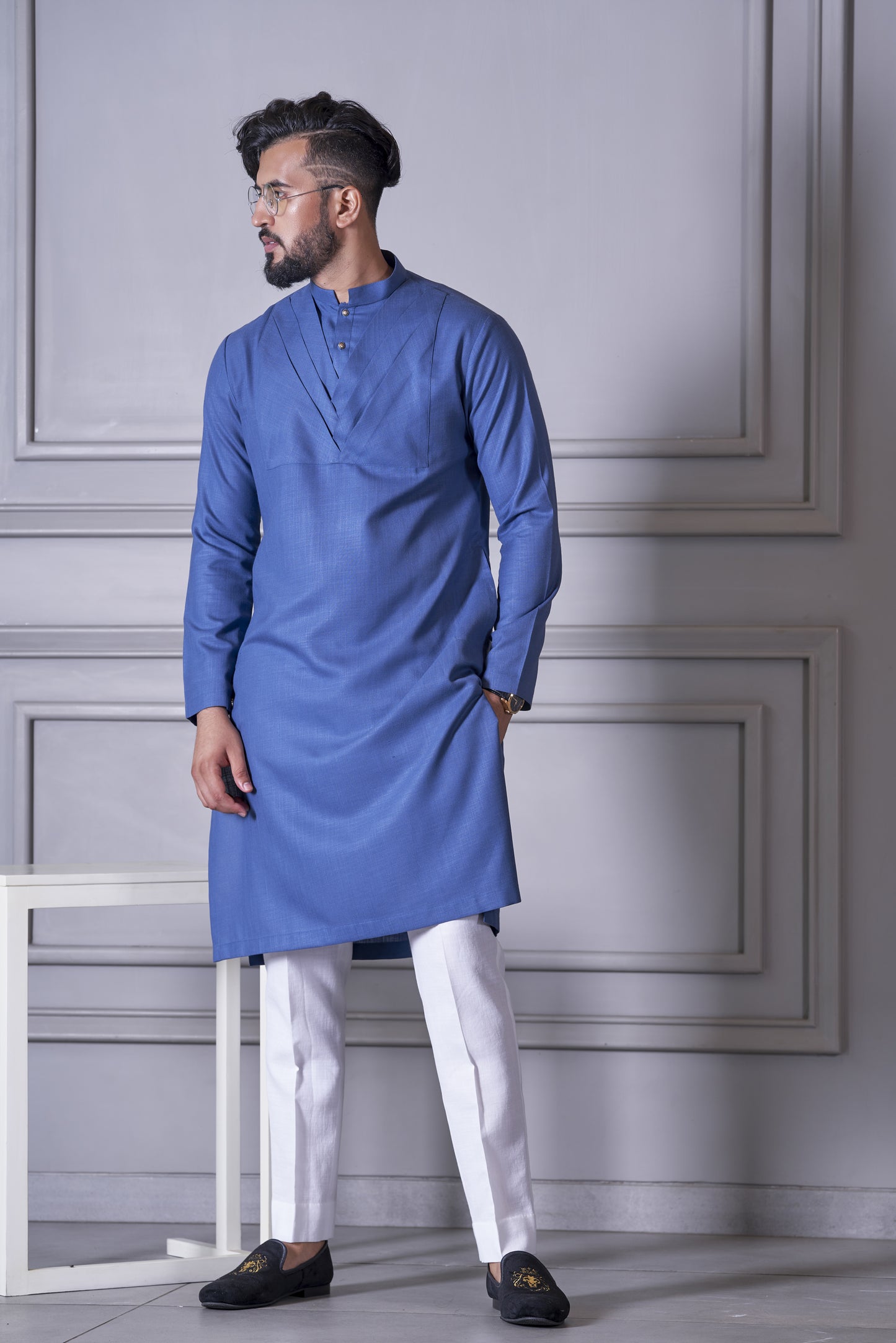 Cobalt Blue Printed & Embroidered Nehru Jacket With Kurta Set