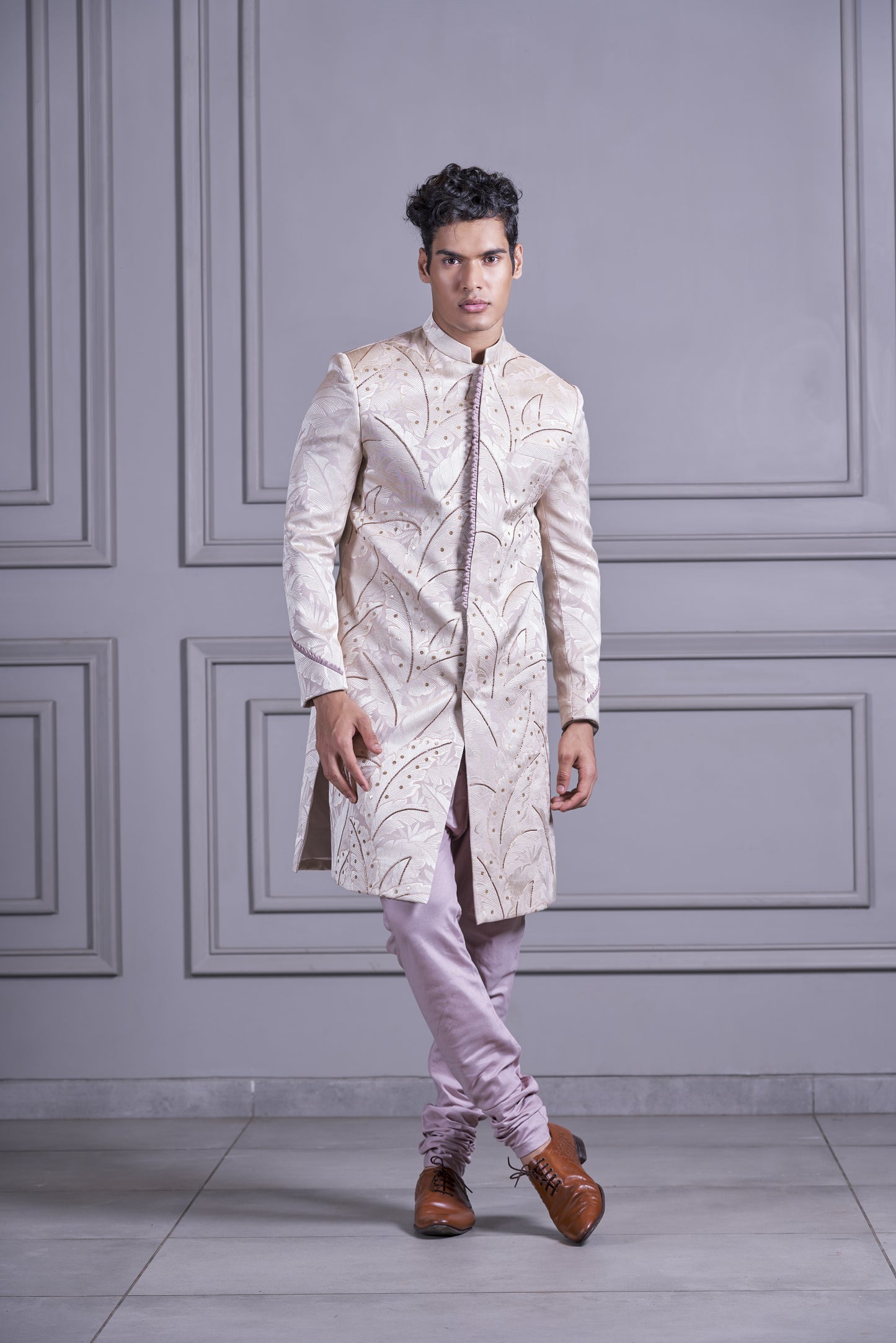 Peach Leaf Textured & Embroidered Sherwani Set