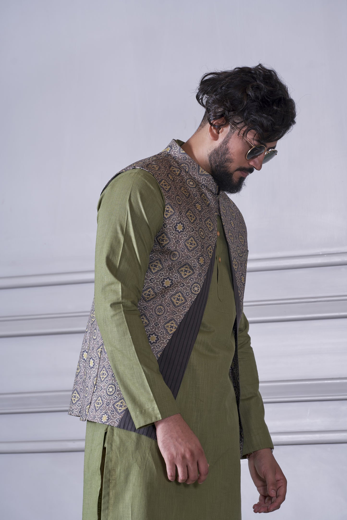 Brown Printed Nehru Jacket With Kurta Set