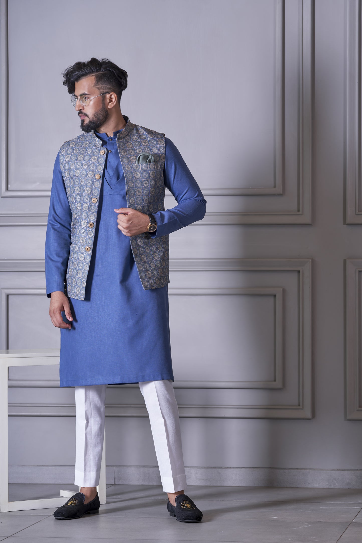 Cobalt Blue Printed & Embroidered Nehru Jacket With Kurta Set