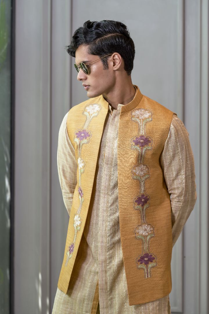 Yellow Embroidered Open Jacket With Kurta Set
