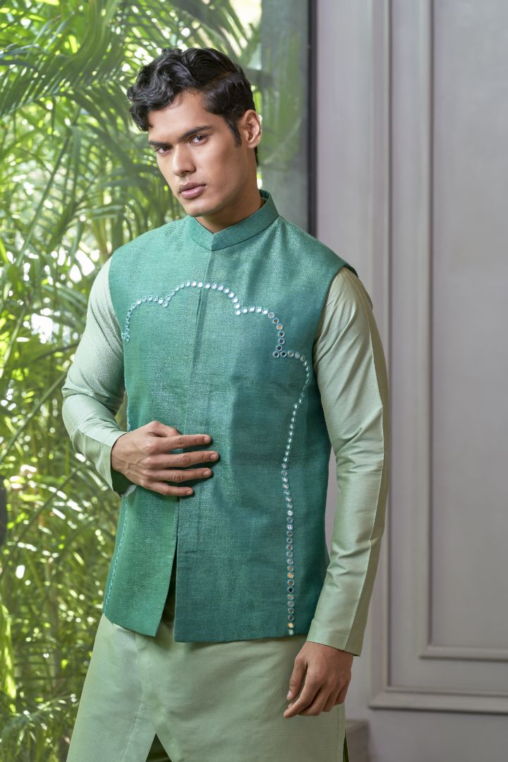 Jade Green Embroidered Bundi Jacket With Kurta Set