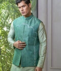 Green kurta with mirror work Nehru jacket