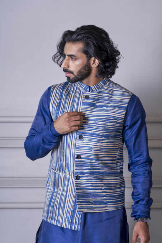 Blue churi sleeve kurta with stripe Nehru jacket set