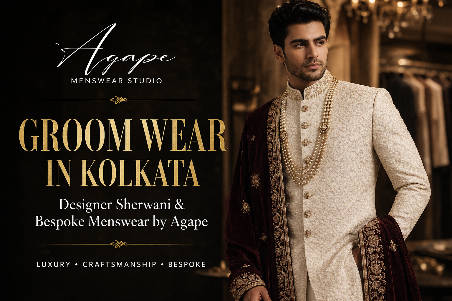 Groom wear in Kolkata by Agape featuring designer sherwani and luxury bespoke menswear